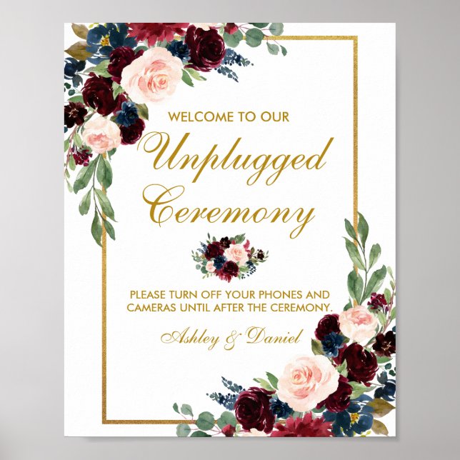 Burgundy Blue Gold Floral Wedding Unplugged Poster (Front)