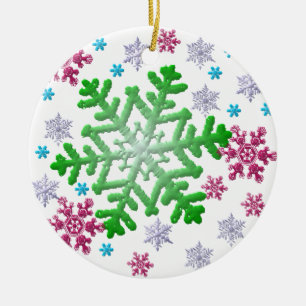 Burgundy Blue Green & Silver Snowflakes Ceramic Ornament