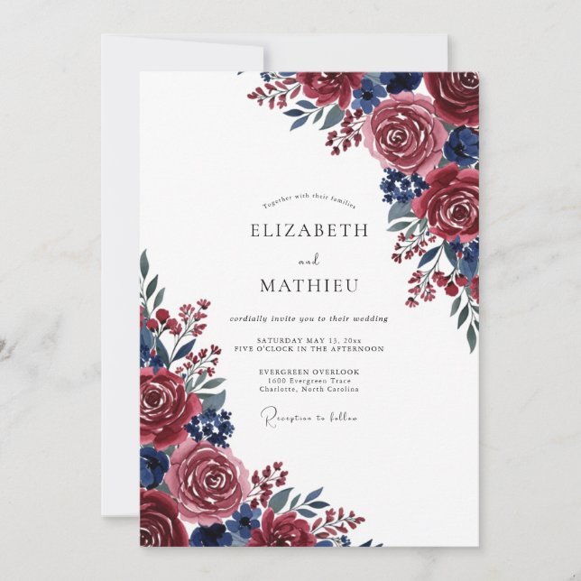 Burgundy Blue Painterly Bloom Wedding Invitation (Front)