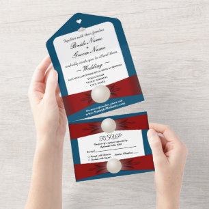 Burgundy & Blue Pearl Ribbon Wedding & RSVP All All In One Invitation