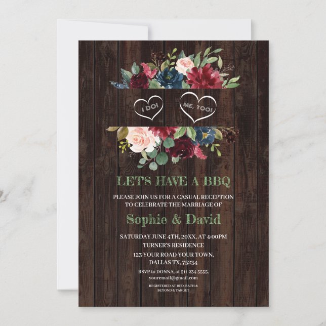Burgundy Blue Pink Floral Frame Barn I DO BBQ Invitation (Front)