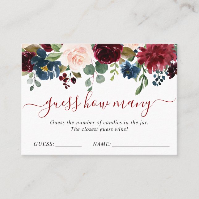 Burgundy Blue Pink Floral Guess How Many Game Card (Front)