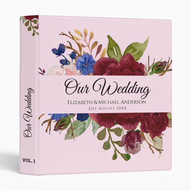 Burgundy Blue Pink Flowers Newlyweds Wedding Gifts Binder (Front/Spine)