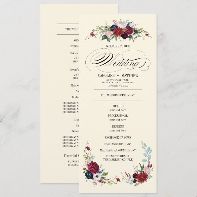 Burgundy | Blue | Red Floral Creme Wedding Program (Front/Back)