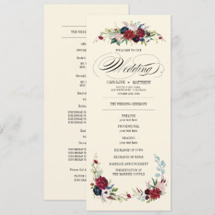 Burgundy   Blue   Red Floral Creme Wedding Program