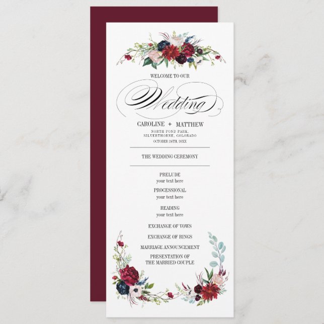 Burgundy | Blue | Red Floral Wedding Program (Front/Back)
