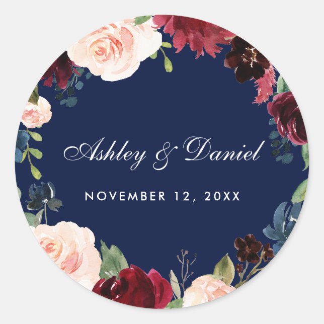Burgundy Blue Watercolor Floral Wedding Classic Round Sticker (Front)