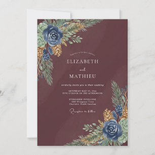 Burgundy Blue Watercolor Floral Wedding Invitation