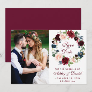 Burgundy Blue Watercolor Floral Wreath Wedding B Save The Date