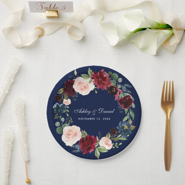 Burgundy Blue Watercolor Floral Wreath Wedding Paper Plate (Wedding)
