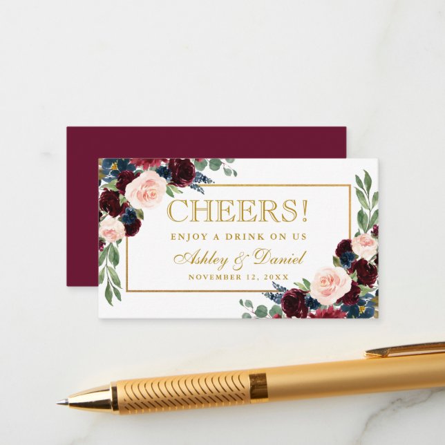 Burgundy Blue Wedding Drink Ticket Card Gold (Front/Back In Situ)