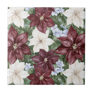 Burgundy Blue White Floral Tile