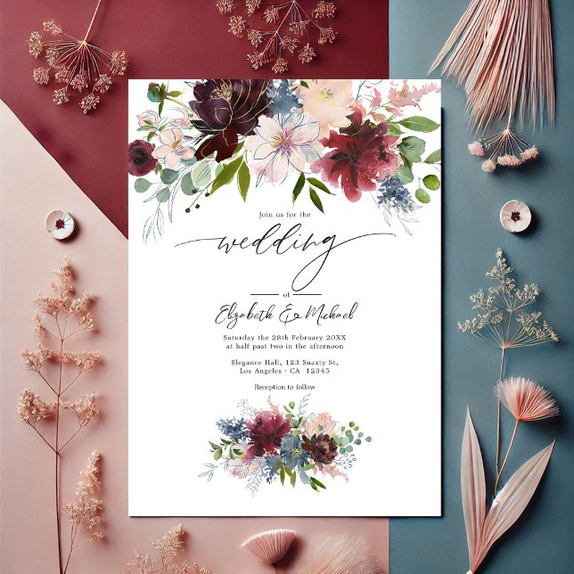 Burgundy, Blush, and Dusty Blue Floral Wedding Invitation (Burgundy, Blush, and Dusty Blue Floral Wedding Invitation)