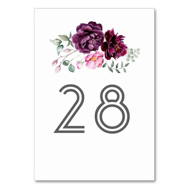 Burgundy Blush and Plum Floral Table Number (Back)
