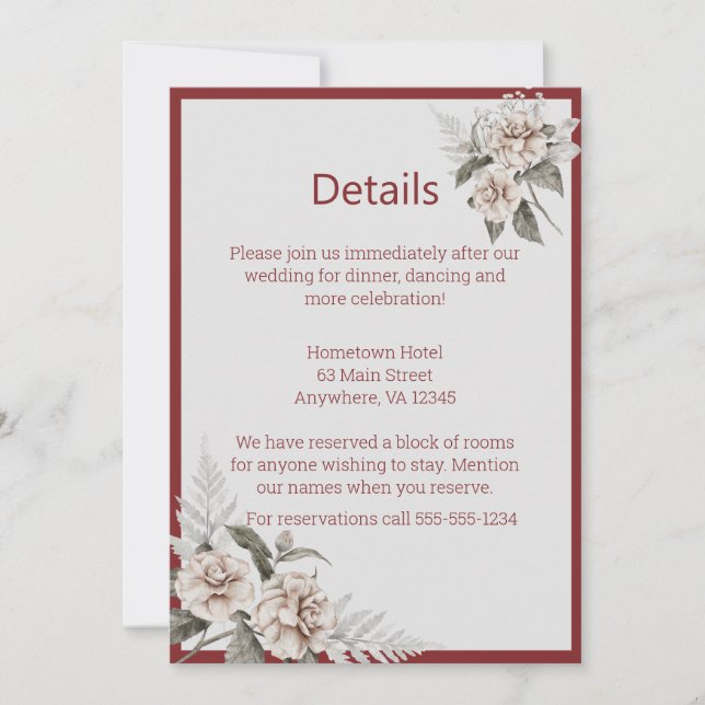  Burgundy, Blush and White Roses Wedding Details Invitation (Front)