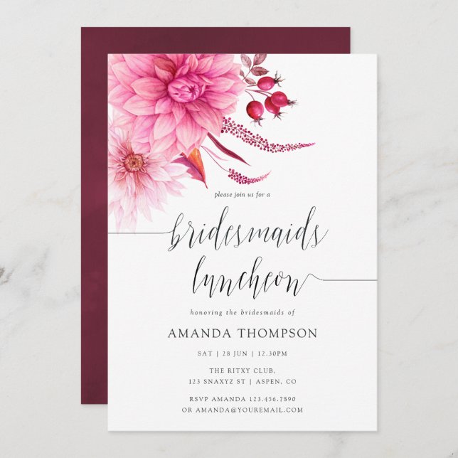 Burgundy & Blush Autumn Fall Bridesmaids Luncheon Invitation (Front/Back)