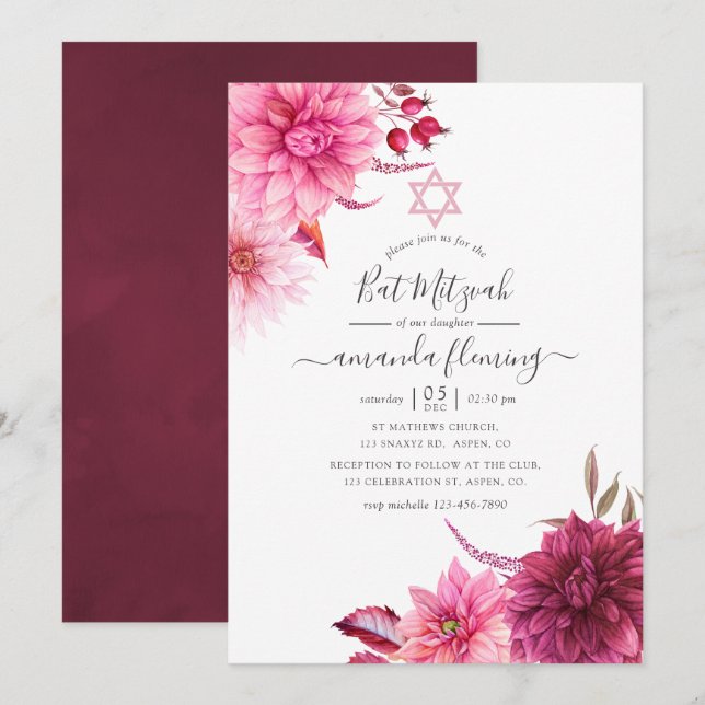 Burgundy & Blush Autumn Fall Floral Bat Mitzvah Invitation (Front/Back)