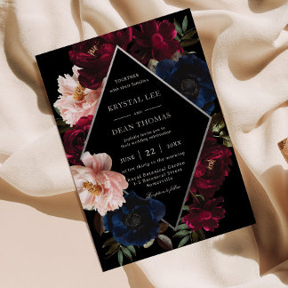 Burgundy Blush Black Navy Floral Silver Wedding Invitation