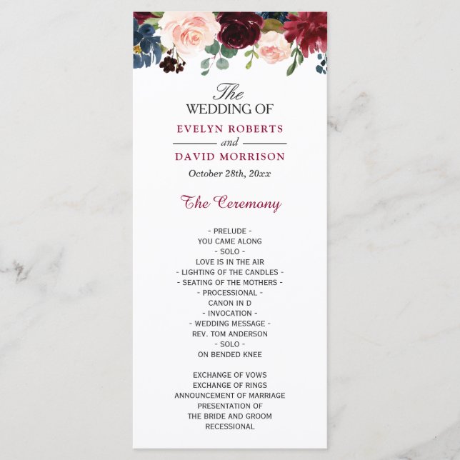 Burgundy Blush Blue Bloom Floral Wedding Program (Front)