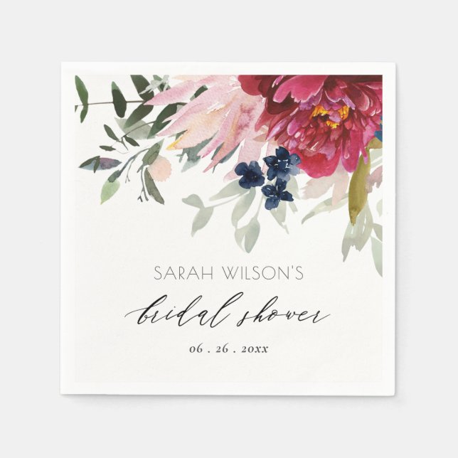 Burgundy Blush Blue Floral Bunch Bridal Shower Napkin (Front)