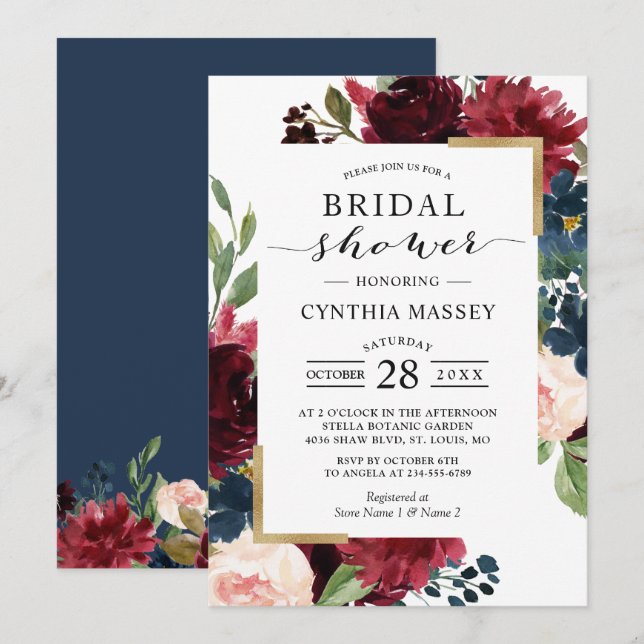 Burgundy Blush Blue Floral Modern Bridal Shower Invitation (Front/Back)