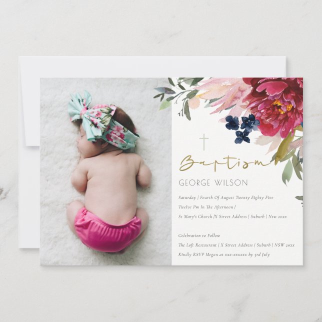 Burgundy Blush Blue Floral Photo Baptism Invite (Front)