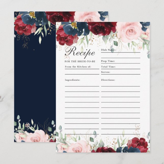 Burgundy Blush Blue Floral Recipe For Bride Card (Front/Back)