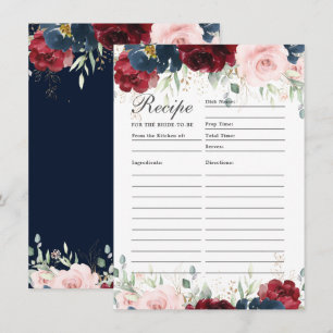 Burgundy Blush Blue Floral Recipe For Bride Card