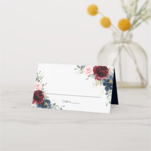 Burgundy Blush Blue Floral Wedding Guest Name Place Card
