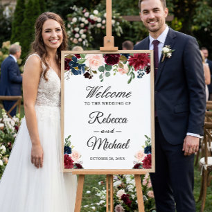 Burgundy Blush Blue Floral Wedding Welcome Sign