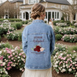 Burgundy Blush Boho Roses Bridesmaid Wedding Gift Denim Jacket<br><div class="desc">This denim jacket is designed as a thank you gift for the bridesmaids at your wedding. It features a lovely hand painted watercolor design with a cluster of roses in shades of burgundy, red, and blush pink, with eucalyptus leaves and garden greenery. The title reads "Bridesmaid" in elegant script lettering,...</div>