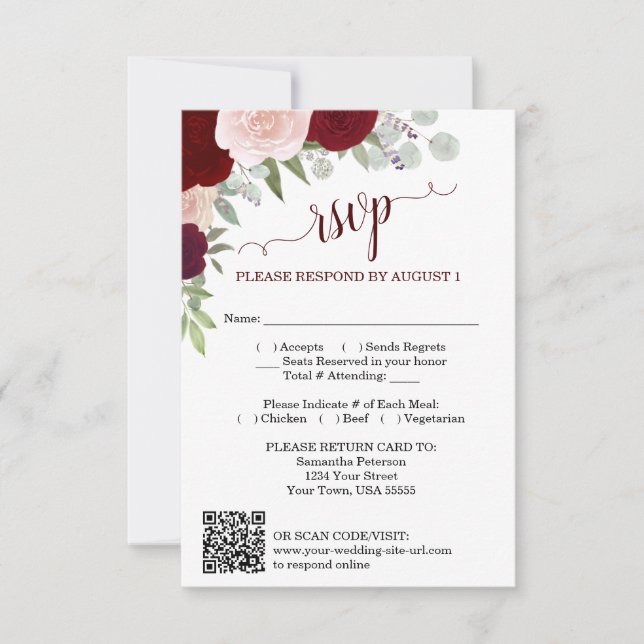 Burgundy Blush Boho Roses Wedding QR Code RSVP  Invitation (Front)