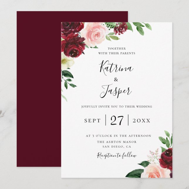 Burgundy Blush Botanal Floral Faire-part de mariag (Devant / Derrière)
