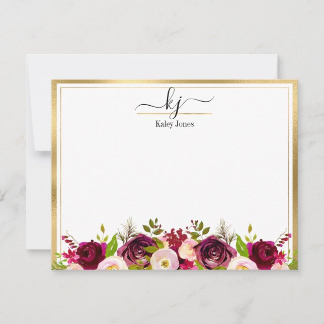 Burgundy Blush Botanical Floral Monogram Note Card (Front)