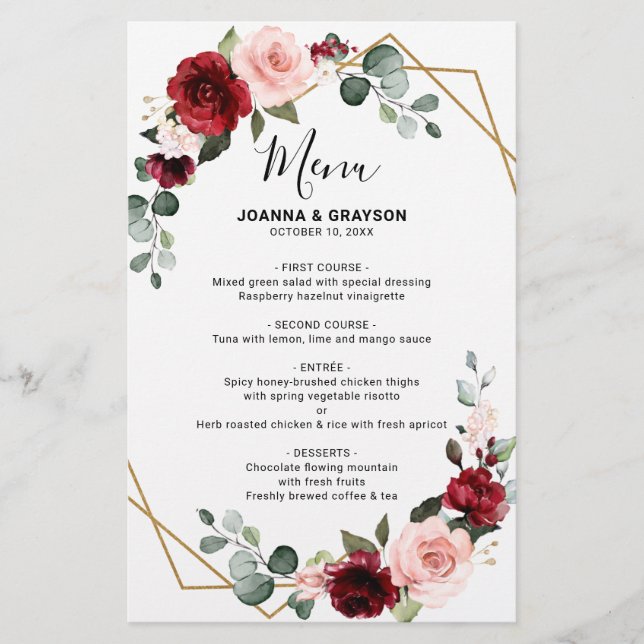 Burgundy Blush Botanical Geometric Wedding Menu (Front)
