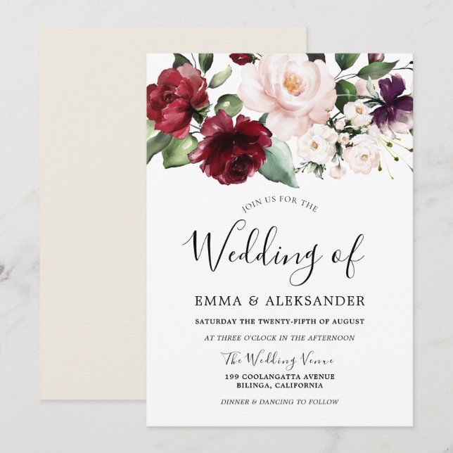 Burgundy Blush Cream Floral Watercolor Wedding Invitation (Front/Back)