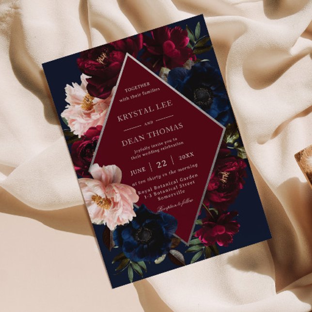 Burgundy Blush Dark Navy Floral Silver Wedding Invitation (Creator Uploaded)