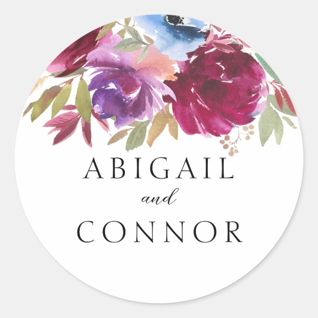 Burgundy Blush Dusty Blue Elegant Floral  Classic Round Sticker (Front)