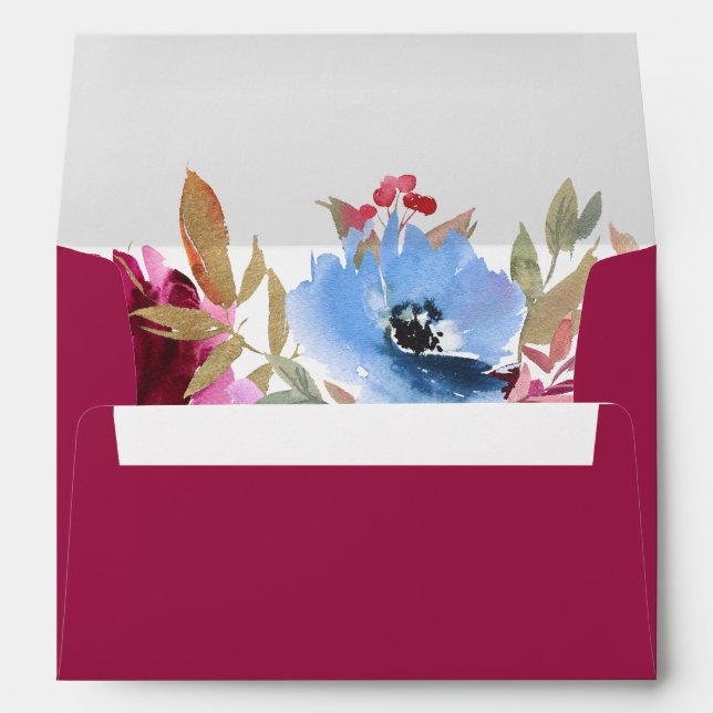 Burgundy Blush Dusty Blue Elegant Floral  Envelope (Back (Bottom))