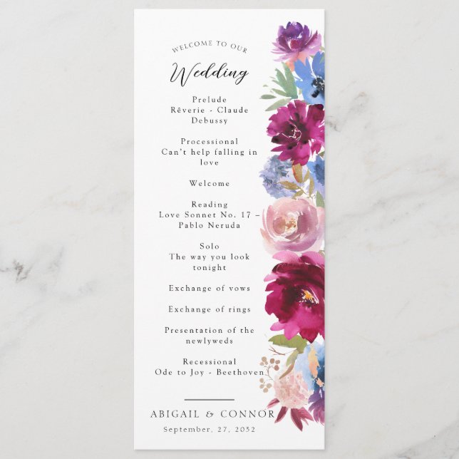Burgundy Blush Dusty Blue Elegant Floral Program (Front)