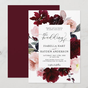 Burgundy Blush Elegant Marsala Pink Floral Wedding Invitation