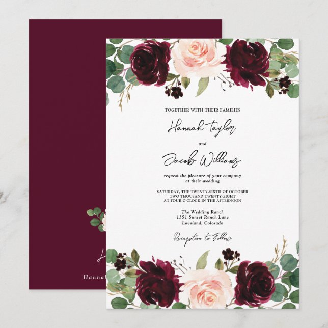Burgundy Blush Eucalyptus Wedding Invitation (Front/Back)