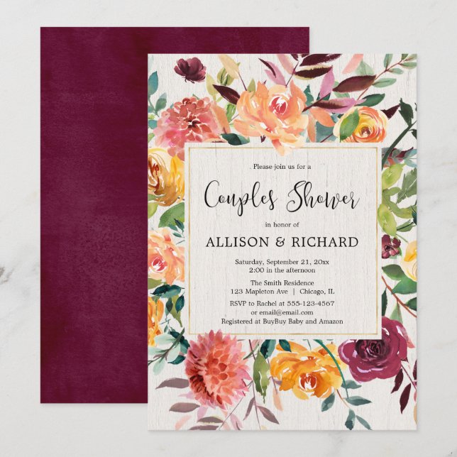 Burgundy blush fall floral couples baby shower invitation (Front/Back)