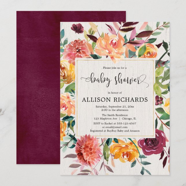 Burgundy blush fall floral elegant baby shower invitation (Front/Back)