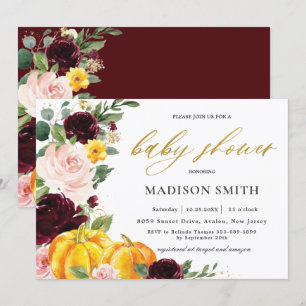 Burgundy Blush Fall Floral Pumpkins Baby Shower Invitation