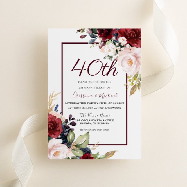 Burgundy Blush Floral 40th Wedding Anniversary Invitation (Creator Uploaded)
