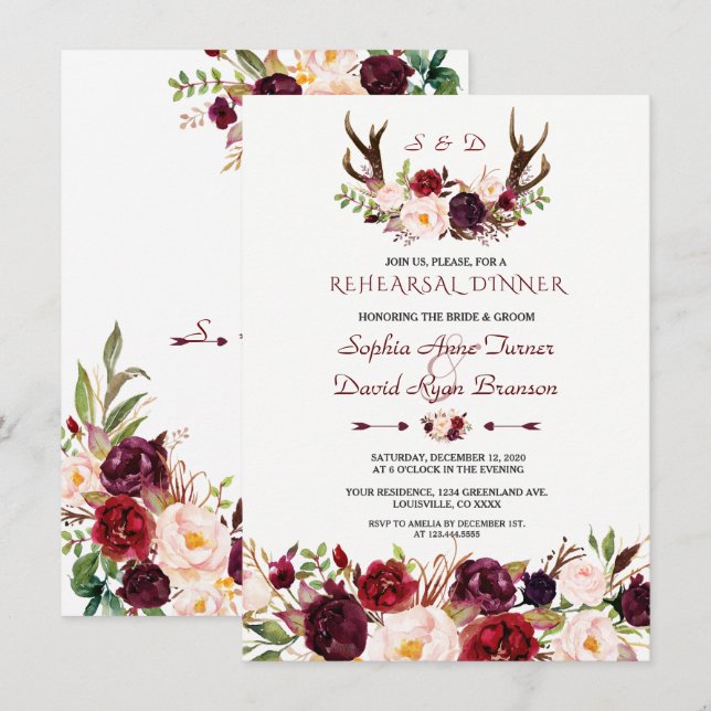 Burgundy Blush  Floral Antlers Rehearsal Dinner Invitation (Front/Back)