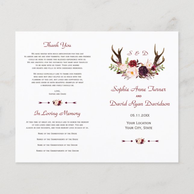 Burgundy Blush Floral Antlers Wedding Program (Front)