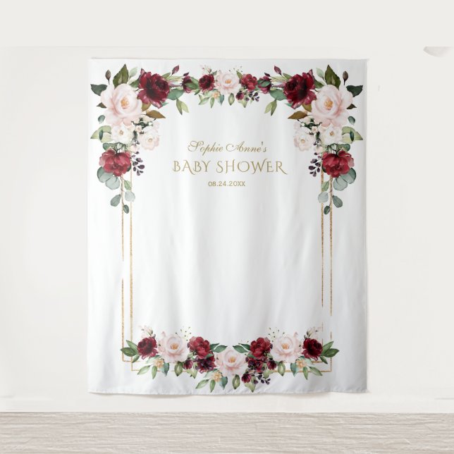 Burgundy Blush Floral Baby Shower Photo Prop Tapestry (Front)
