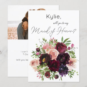 Burgundy & Blush Floral Be My Maid of Honour? Phot Invitation